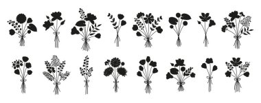 Beyaz arka planda siyah renkli, narin çiçek buketleri seti. Kurdelelerle bağlanmış kır çiçekleri. Tasarım projeleri için çayır bitkilerinin ve yabani bitkilerin vektör illüstrasyonu