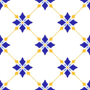 Akdeniz çiçek desenli mavi sarı fayanslar. Portekizce, İtalyanca, İspanyolca dekoratif motiflerin etnik mozaik tasarımı. Ev yapımı tekstil ya da seramik için süs. Vektör illüstrasyonu