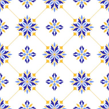 Akdeniz çiçek desenli mavi sarı fayanslar. Portekizce, İtalyanca, İspanyolca dekoratif motiflerin etnik mozaik tasarımı. Ev yapımı tekstil ya da seramik için süs. Vektör illüstrasyonu