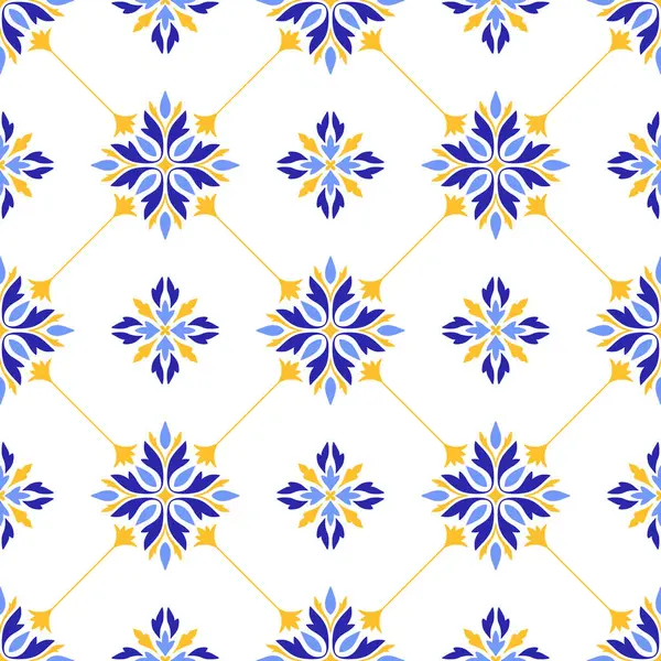 Akdeniz çiçek desenli mavi sarı fayanslar. Portekizce, İtalyanca, İspanyolca dekoratif motiflerin etnik mozaik tasarımı. Ev yapımı tekstil ya da seramik için süs. Vektör illüstrasyonu