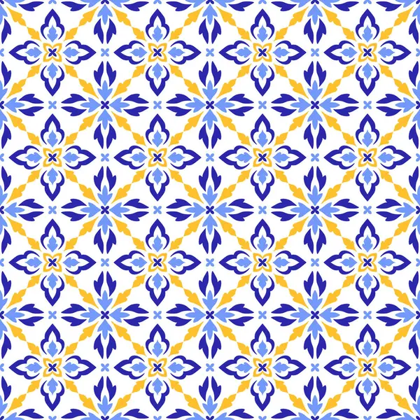 Akdeniz pürüzsüz mavi sarı karo deseni. Portekizce, İtalyanca ve İspanyolca motiflerin etnik mozaik tasarımı. Çiçek süsü, vektör illüstrasyonu
