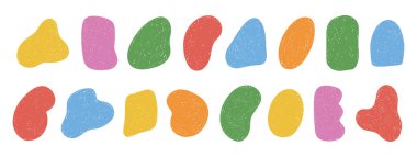 Boya kalemi organik şekiller ayarlandı. El çizimi, soyut geometrik şekiller, kömür çizimleri. Beyaz arkaplanda renkli grunge elementleri. Vektör illüstrasyonu