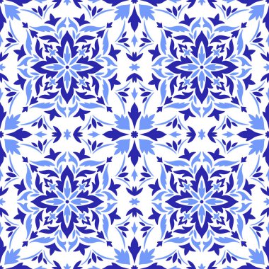 Akdeniz desenli mavi fayanslar, beyaz arka plan. Etnik mozaik tasarımı. Portekizce, İtalyanca, İspanyolca motifler. Çiçek süsü, ev yapımı tekstil ya da seramik için baskı. Vektör illüstrasyonu