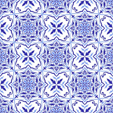 Akdeniz mavisi ve beyazı pürüzsüz desen. Etnik mozaik tasarımı. Portekizce, İtalyanca, İspanyolca motifler. Çiçek süsü, ev yapımı tekstil ya da seramik fayans için grafik baskısı. Vektör illüstrasyonu