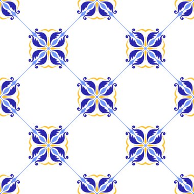 Akdeniz desensiz mavi sarı kiremitler, minimalist tarzda. Portekizce, İtalyanca ve İspanyolca motiflerin etnik mozaik tasarımı. Ev yapımı tekstil veya seramik için çiçek süsü. Vektör illüstrasyonu