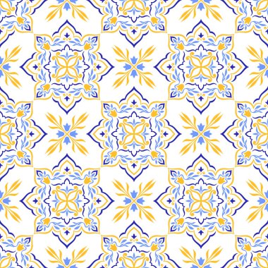 Akdeniz pürüzsüz deseni, mavi sarı kiremitler, beyaz arka plan. Soyut mozaik tasarımı. Portekizce, İtalyan motifleri. Çiçek süsü, ev yapımı tekstil ya da seramik için baskı. Vektör illüstrasyonu