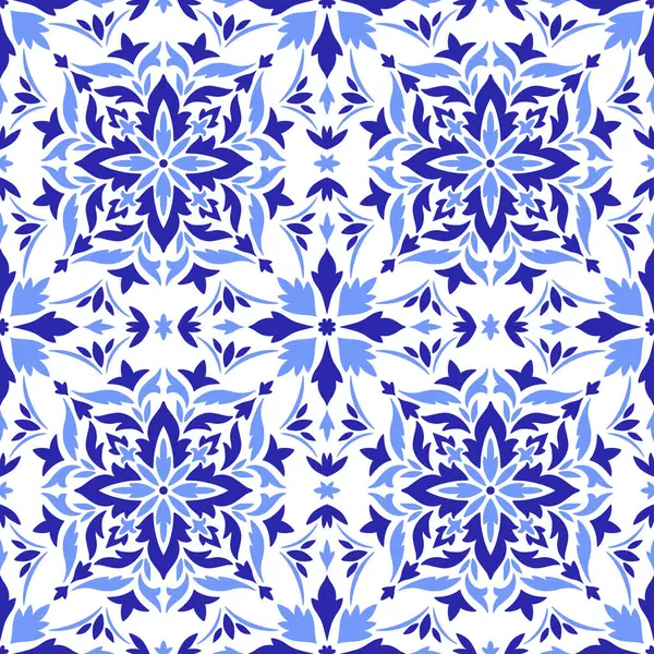 Akdeniz desenli mavi fayanslar, beyaz arka plan. Etnik mozaik tasarımı. Portekizce, İtalyanca, İspanyolca motifler. Çiçek süsü, ev yapımı tekstil ya da seramik için baskı. Vektör illüstrasyonu