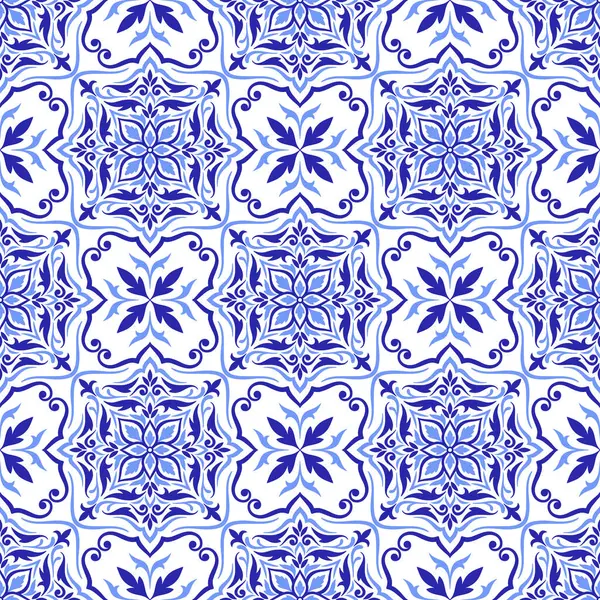 Akdeniz mavisi ve beyazı pürüzsüz desen. Etnik mozaik tasarımı. Portekizce, İtalyanca, İspanyolca motifler. Çiçek süsü, ev yapımı tekstil ya da seramik fayans için grafik baskısı. Vektör illüstrasyonu