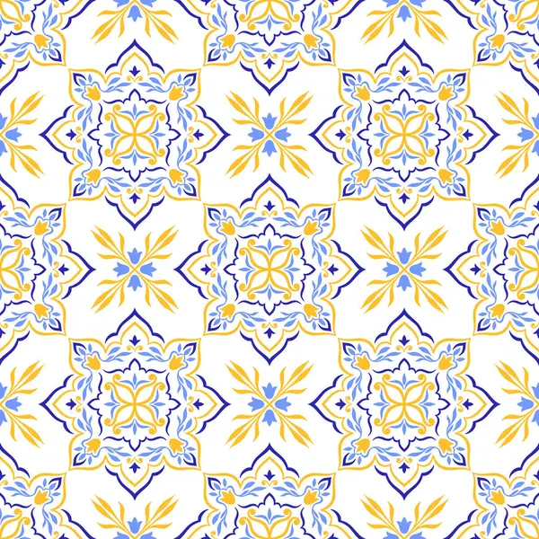 Akdeniz pürüzsüz deseni, mavi sarı kiremitler, beyaz arka plan. Soyut mozaik tasarımı. Portekizce, İtalyan motifleri. Çiçek süsü, ev yapımı tekstil ya da seramik için baskı. Vektör illüstrasyonu