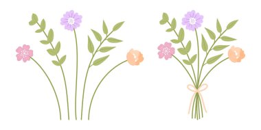 Hassas pembe, turuncu ve mor çiçekler, yeşil yapraklı dallar. Beyaz arka planda bir buket. Bir demet kır çiçeği. Tasarım projeleri için vektör illüstrasyonu