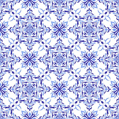 Akdeniz mavisi, beyaz, pürüzsüz desen. Etnik mozaik tasarımı, geleneksel Portekizce, İtalyanca, İspanyolca motifler. Ev yapımı tekstil ya da seramik fayans için çiçek süsü. Vektör illüstrasyonu