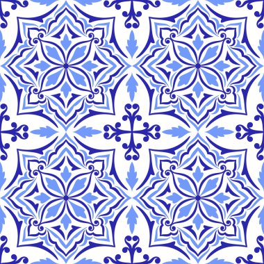 Akdeniz desenli mavi fayanslar, beyaz arka plan. Etnik mozaik tasarımı. Portekizce, İtalyanca, İspanyolca motifler. Çiçek süsü, ev yapımı tekstil ya da seramik için baskı. Vektör illüstrasyonu