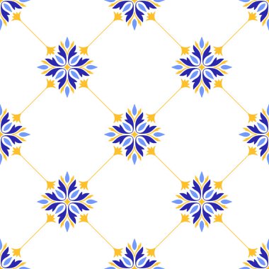 Akdeniz çiçekleri ve mavi sarı karoların minimalist ve pürüzsüz deseni. Portekizce, İtalyanca ve İspanyolca motiflerin etnik mozaik tasarımı. Ev yapımı tekstil ya da seramik için süs. Vektör illüstrasyonu