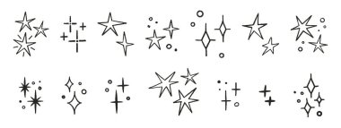 Yıldız pastel boya seti. Sihirli ışıltı simgeleri. Parlak, kıvılcım ya da hafif tebeşir elementleri. Çeşitli parıltıların çizimleri. Kıvılcımlar parıldıyor. Vektör illüstrasyonu