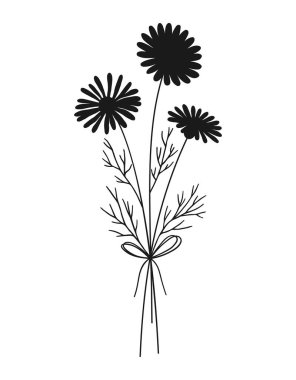 Beyaz arka planda yaban çiçeği siyah siluet buketi. El çizimi çiçekler, çayır otları, yabani bitkiler ve tasarım projeleri için botanik elementler. Vektör illüstrasyonu