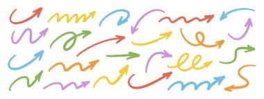 Ok hazır. Boya kalemi, kömür, pastel, tebeşirle çizilmiş renkli elementler, karalama stili vuruşlar. Kalem grunge desenli dalga okları, yön işaretleri ve eğri çizgiler. Vektör illüstrasyonu