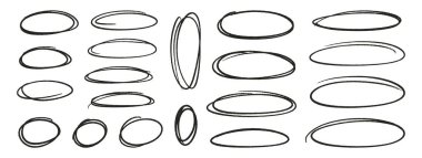 Pastel ovaller ya da elipsler ayarlandı. Kalem el çizimi vurgu unsurları, serbest çizgi resim siyah çerçeveler. Doodle tarzı tebeşir çizimleri, beyaz arkaplanda yuvarlak şekiller. Vektör illüstrasyonu