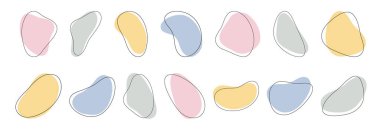 Yumuşak renklerde ve çizgili organik şekiller. Beyaz üzerine izole edilmiş soyut vektör elementleri kümesi. Elle çizilmiş illüstrasyon. Sosyal medya gönderilerinin, kapaklarının, posterlerin, arka planların tasarımı için şablonlar