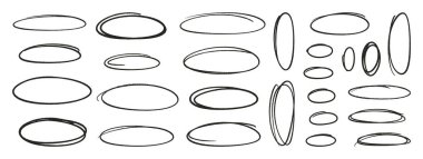 Pastel ovaller ya da elipsler ayarlandı. Kalem el çizimi vurgu unsurları, serbest çizgi resim siyah çerçeveler. Doodle tarzı tebeşir çizimleri, beyaz arkaplanda yuvarlak şekiller. Vektör illüstrasyonu