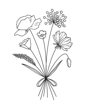 Yaban çiçeği desenli sanat buketi, kontür. El çizimi çiçekler, çayır otları, yabani bitkiler ve tasarım projeleri için botanik elementler. Vektör illüstrasyonu