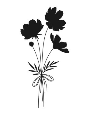 Wildflower siluet buketi siyah renkli. El çizimi çiçek şekilleri, çayır otları, yabani bitkiler ve tasarım projeleri için botanik elementler. Vektör illüstrasyonu