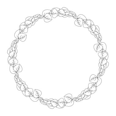 Okaliptüs çiçekli çelenk, yuvarlak yapraklar. Botanik çerçeve, siyah çizgiler, beyaza izole edilmiş. Düğün dekorasyonu ve tasarım projeleri için çelenk. Vektör illüstrasyonu