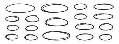 Pastel ovaller ya da elipsler ayarlandı. Kalem el çizimi vurgu unsurları, serbest çizgi resim siyah çerçeveler. Doodle tarzı tebeşir çizimleri, beyaz arkaplanda yuvarlak şekiller. Vektör illüstrasyonu