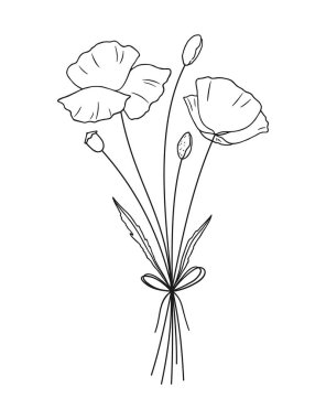 Yaban çiçeği desenli sanat buketi, kontür. El çizimi çiçekler, çayır otları, yabani bitkiler ve tasarım projeleri için botanik elementler. Vektör illüstrasyonu