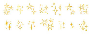 Yıldızlar pastel boya seti. Sihirli sarı ikonlar, çizgi ve siluet. Çocuk tarzı. Parlak, kıvılcım ya da ışık, beyaz bg üzerindeki tebeşir elementleri. Çizim pırıltısı parıldıyor. Vektör illüstrasyonu