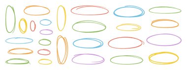Renkli ovalar ya da elipsler ayarlandı. Kalem el çizimi vurgu unsurları, serbest çizim sanat çerçeveleri. Doodle tarzı tebeşir çizimleri, beyaz arkaplanda yuvarlak şekiller. Vektör illüstrasyonu