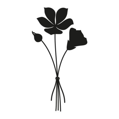 Çiçek demeti, beyaz arka planda siyah renkli siluet. Kurdelelerle bağlanmış bir buket narin kır çiçeği. Tasarım projeleri için vektör illüstrasyonu