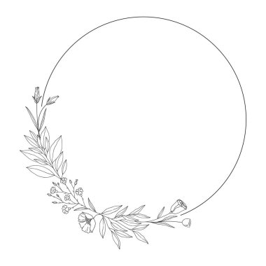 Yapraklı ve çiçekli çiçek dalları çerçevesi. Dallardan oluşan bir çelenk, siyah çizgili, beyaz üzerine izole edilmiş. Botanik çizimi, düğün dekorasyonu için yuvarlak çelenk ve tasarım projeleri. Vektör illüstrasyonu
