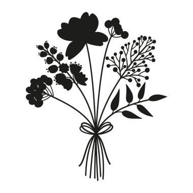 Çiçek buketi, beyaz arka planda siyah renkli siluet. Kurdelelerle bağlanmış bir demet narin çiçek. Tasarım projeleri için kır çiçeklerinin vektör illüstrasyonu