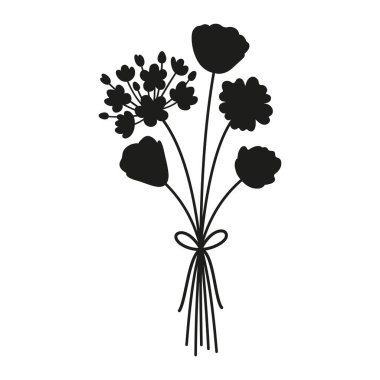 Yaz narin kır çiçeği buketi, siyah renkli siluet. Kurdelelerle bağlanmış bir demet çiçek. Tasarım projeleri için vektör illüstrasyonu