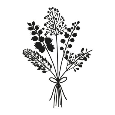 Bir buket çiçek, siyah renkli siluet. Kurdelelerle bağlanmış bir demet narin kır çiçeği. Tasarım projeleri için vektör illüstrasyonu