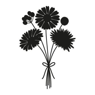 Beyaz arka planda siyah renkli, narin bir çiçek buketi. Kurdelelerle bağlanmış kır çiçekleri. Tasarım projeleri için vektör illüstrasyonu