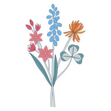 Farklı kır çiçeklerinden parlak bir buket. Bir demet misk, yonca, yabani otlar ve otlarla dolu çayır çiçekleri. Tasarım projeleri için botanik el yapımı elementler. Vektör illüstrasyonu