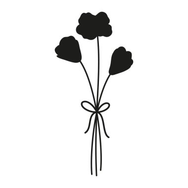 Yaz narin kır çiçeği buketi, siyah renkli siluet. Kurdelelerle bağlanmış bir demet çiçek. Tasarım projeleri için vektör illüstrasyonu