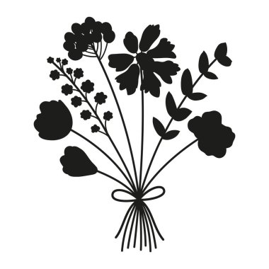 Çiçek buketi, siyah renkli siluet. Kurdelelerle bağlanmış bir demet narin kır çiçeği. Tasarım projeleri için vektör illüstrasyonu