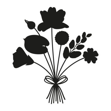 Buket silueti, beyaz arka planda siyah renkli çiçekler. Kurdelelerle bağlanmış bir demet narin çiçek. Tasarım projeleri için kır çiçeklerinin vektör illüstrasyonu
