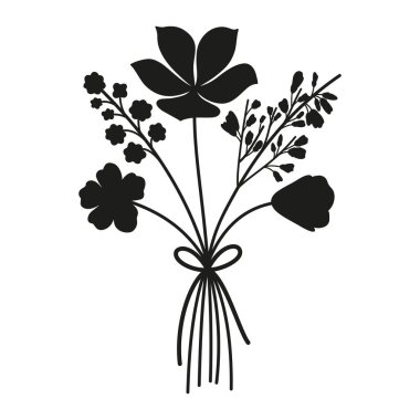 Beyaz arka planda siyah renkli, narin bir çiçek buketi. Kurdelelerle bağlanmış kır çiçekleri. Tasarım projeleri için vektör illüstrasyonu