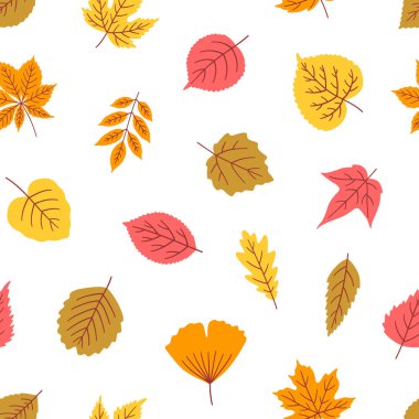 Beyaz arka planda yaprakları olan kusursuz bir desen. Sonbahar akçaağaç yaprağı, ıhlamur, ginkgo, kestane ve diğerleri. Tekstil, paket, kağıt baskısı. Pembe, turuncu, sarı, kahverengi renkler. Vektör illüstrasyonu