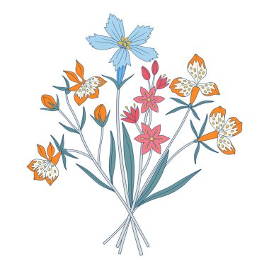 Farklı kır çiçeklerinden parlak bir buket. Bir demet çayır çiçeği, çiçek açan yabani bitkiler, bitkiler. Tasarım projeleri için botanik el yapımı elementler. Vektör illüstrasyonu