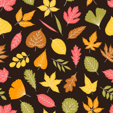 Koyu arkaplanda yaprakları olan kusursuz desenler. Sonbahar akçaağaç yaprağı, ıhlamur, kavak, ginkgo ve diğerleri. Tekstil, paket, kağıt baskısı. Pembe, turuncu, sarı, yeşil renkler. Vektör illüstrasyonu