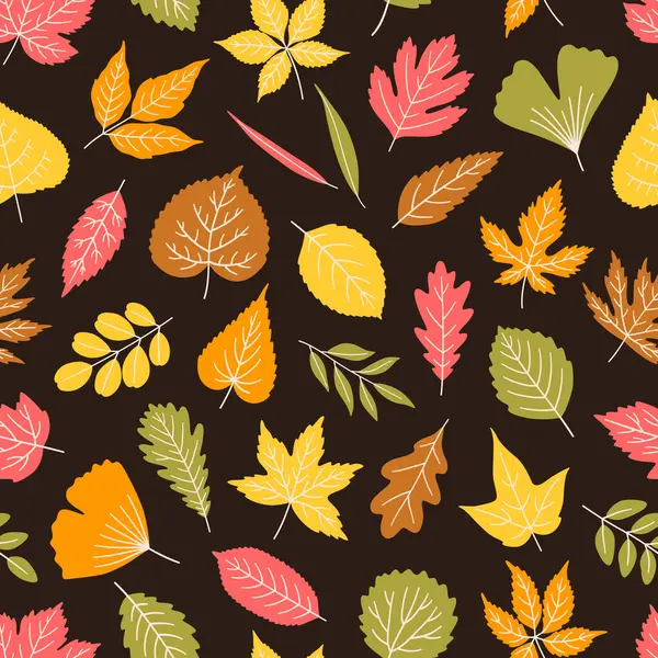 Koyu arkaplanda yaprakları olan kusursuz desenler. Sonbahar akçaağaç yaprağı, ıhlamur, kavak, ginkgo ve diğerleri. Tekstil, paket, kağıt baskısı. Pembe, turuncu, sarı, yeşil renkler. Vektör illüstrasyonu