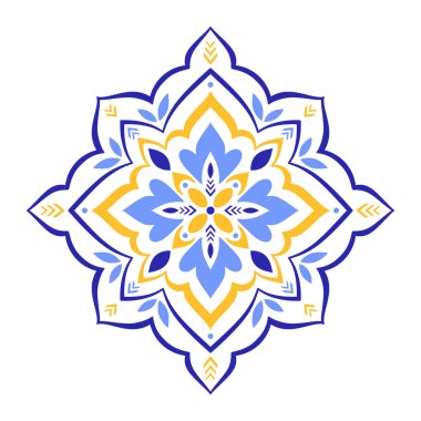 Beyaz arka planda Akdeniz mavisi sarı çiçek motifi. Geleneksel etnik Portekiz, Fas, İspanyol süsü, mozaik tasarımı. Vektör illüstrasyonu