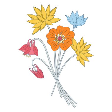 Parlak kır çiçekleri. Bir sürü şakayık, su aygırı, siklaman, farklı çayır çiçekleri ve çiçek açan yabani bitkiler. Tasarım projeleri için botanik el yapımı elementler. Vektör illüstrasyonu