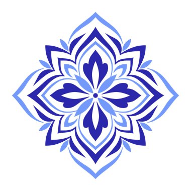 Akdeniz mavisi motifi beyaz arkaplanda. Geleneksel etnik Portekiz, Fas, İspanyol süsü, mozaik tasarımı. Vektör illüstrasyonu