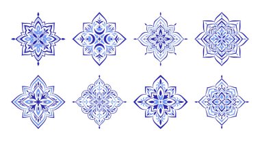 Akdeniz mavisi desen hazır. Geleneksel İspanyolca, Portekizce, Sicilyaca, beyaz arka planda İtalyan motifleri. Çiçek mozaik tasarımı. Seramik için etnik süs. Vektör illüstrasyonu