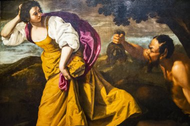 Artemisia Gentileschi 'nin Corisca ve Satyr tablosu, İtalyan Barok tablosu, tuvalin üzerindeki yağ. Tablonun ayrıntıları. Gentileschi